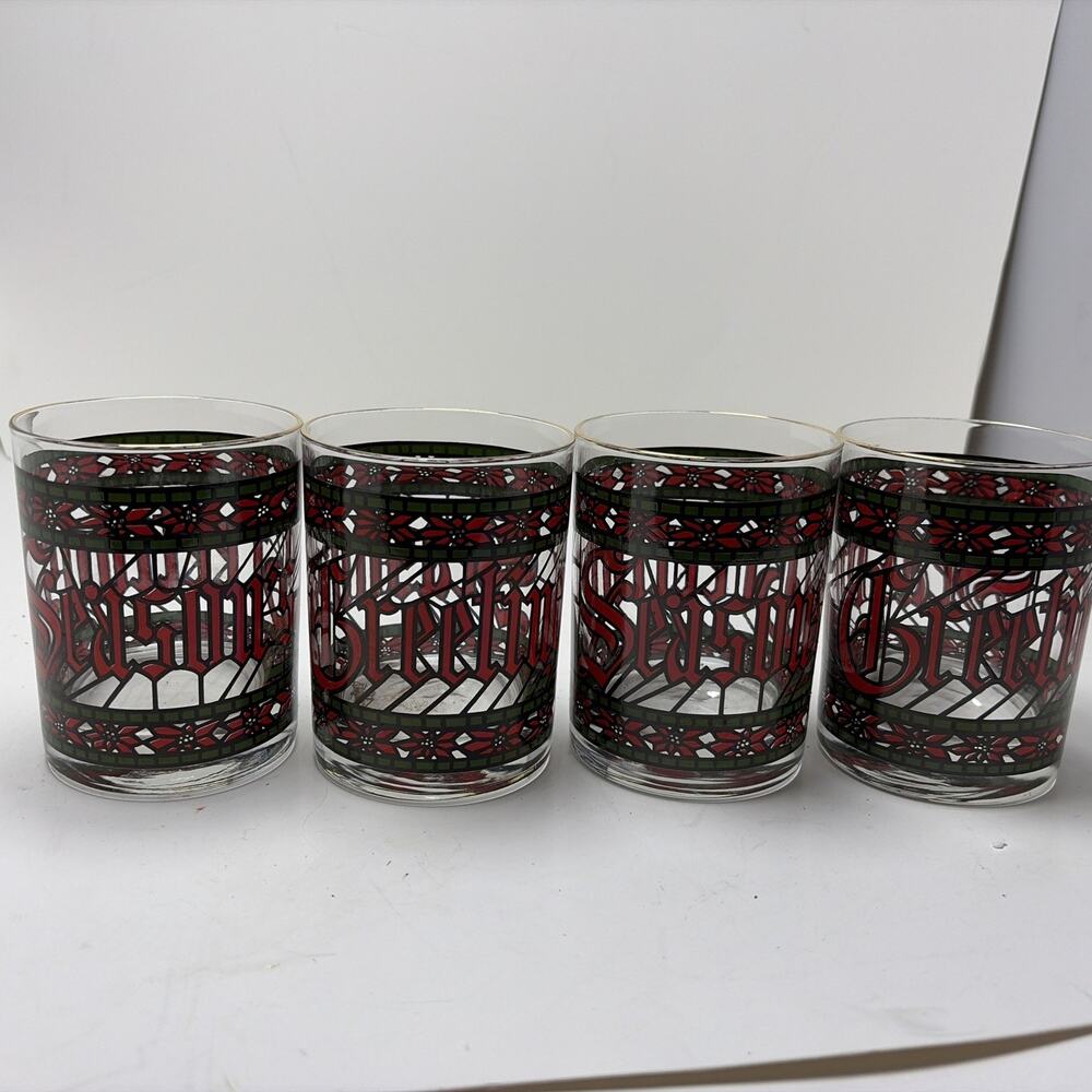 Vtg Houze SEASONS GREETINGS Stained Style Glass 12Oz Tumblers Low Ball Glasses